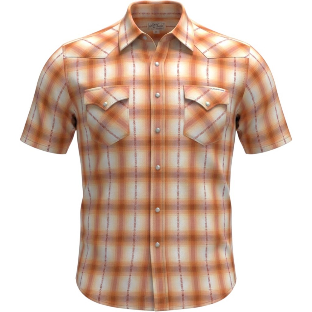 Lucky Brand Mens XL Short Sleeve Western Plaid Pearl Snap Shirt Orange Cotton